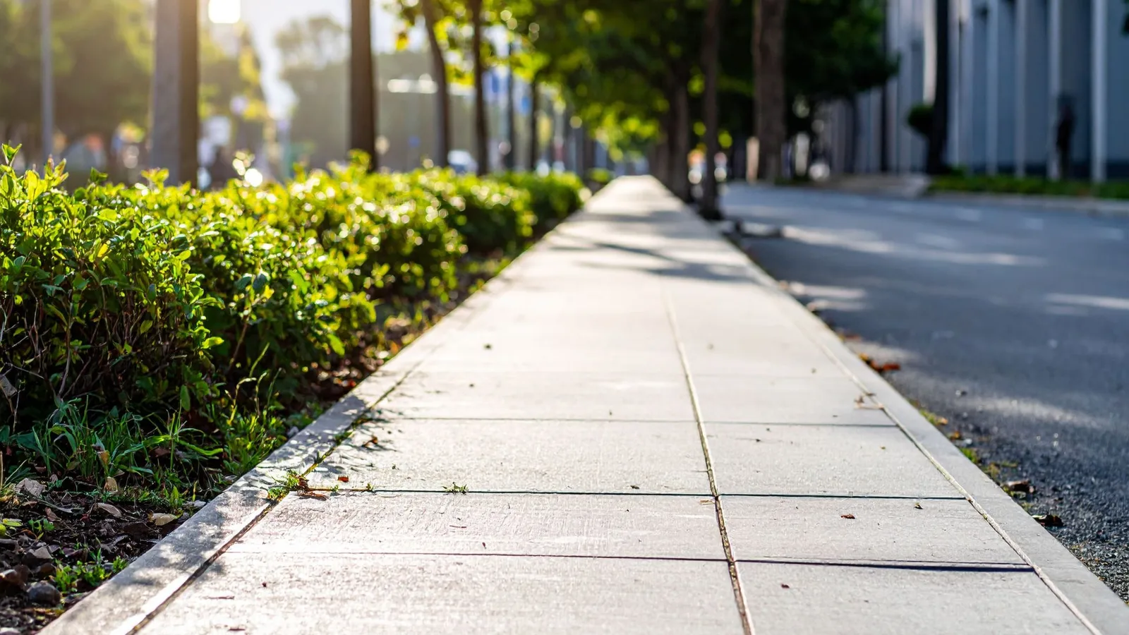 Commercial concrete sidewalk along a tree-lined street